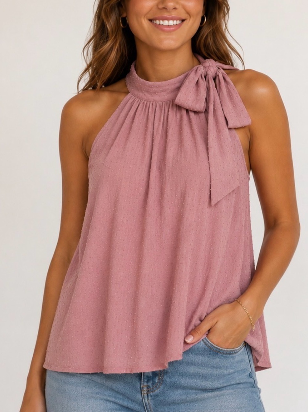 Staccato Mauve Pink Halter Tie-Neck blouse top swiss dot flowy lightweight MD